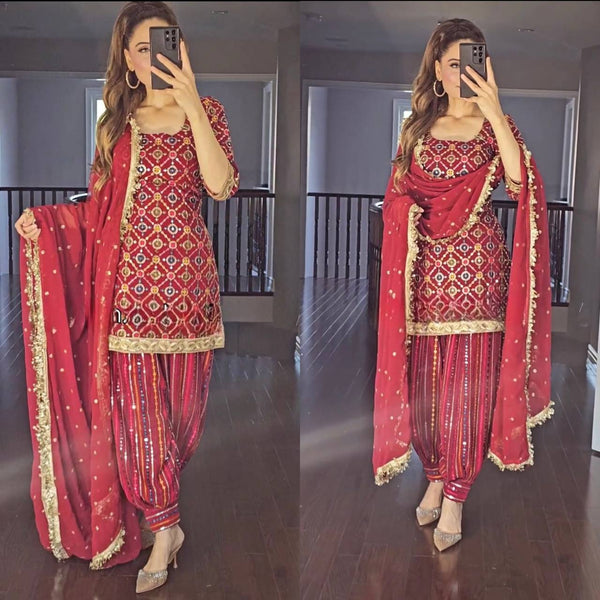 Elegant Red Dhoti Patiyala Set with Embroidered Kurti and Dupatta