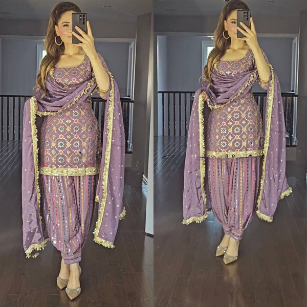 Elegant Purple Dhoti Patiyala Suit with Embroidered Kurti and Dupatta