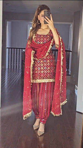 Elegant Red Dhoti Patiyala Set with Embroidered Kurti and Dupatta