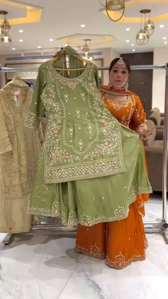 Silk Embroidered Sharara Suit with Dupatta