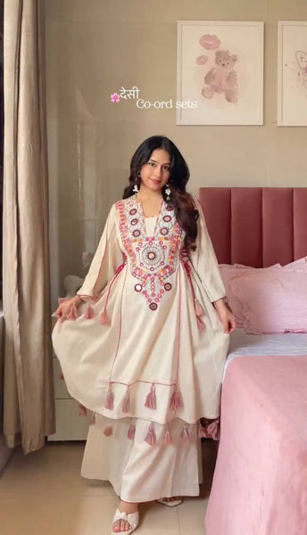 Cream Colored Mirror Work Embroidered Farshi Suit with Plazo