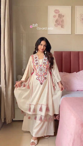 Cream Colored Mirror Work Embroidered Farshi Suit with Plazo
