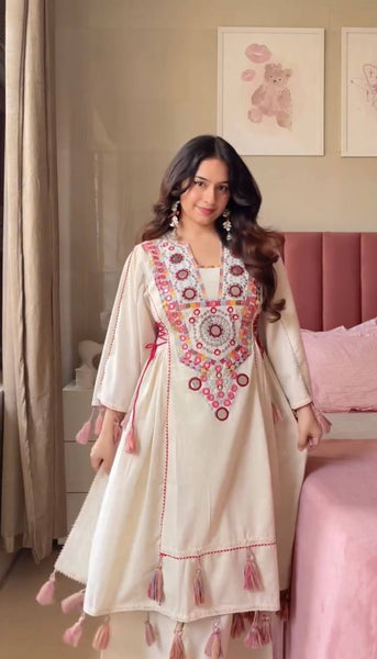 Cream Colored Mirror Work Embroidered Farshi Suit with Plazo