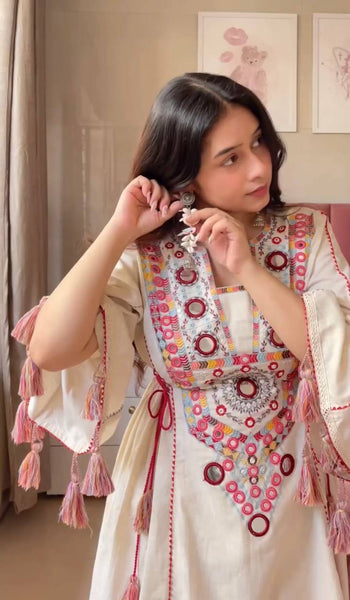 Cream Colored Mirror Work Embroidered Farshi Suit with Plazo