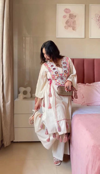 Cream Colored Mirror Work Embroidered Farshi Suit with Plazo