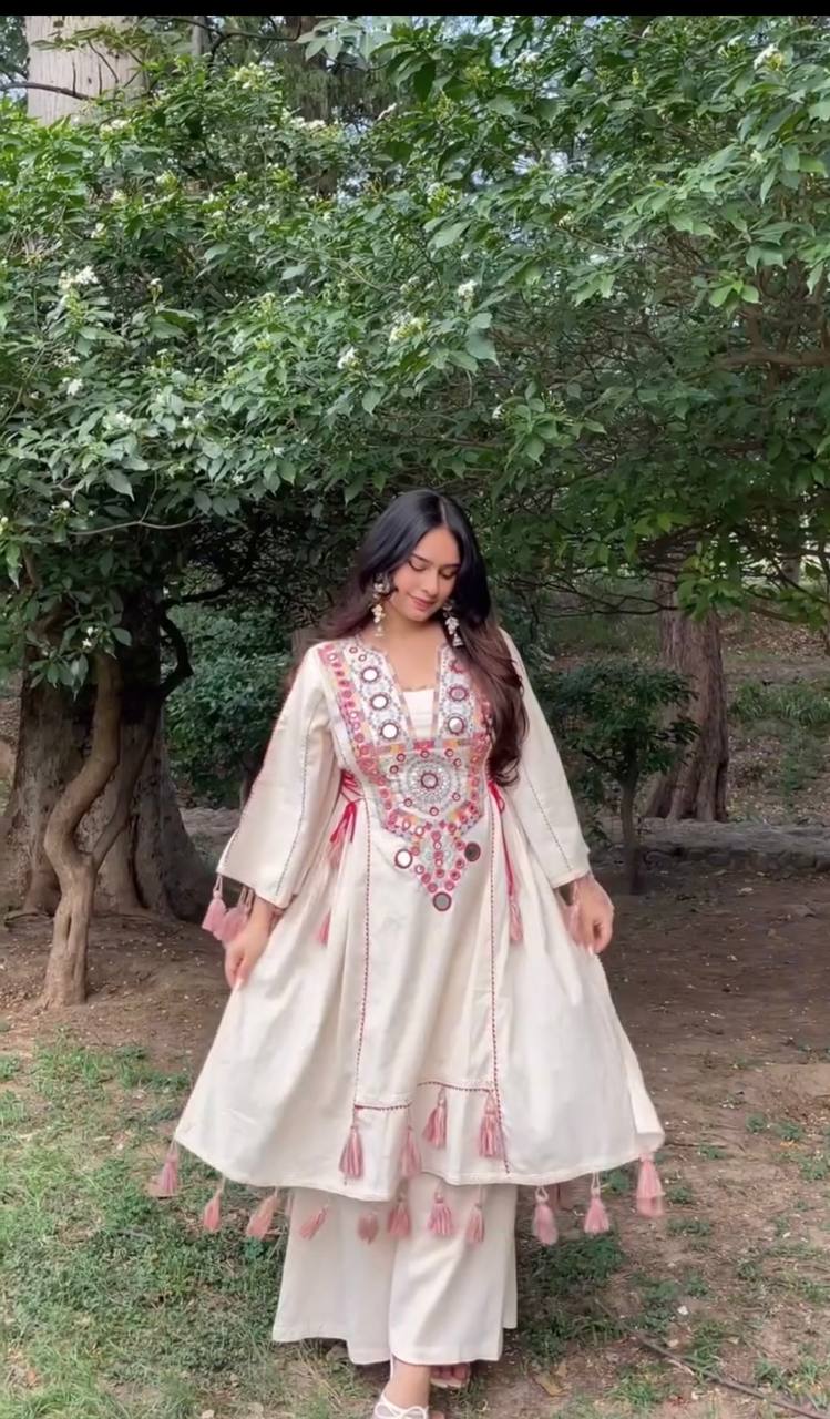 Cream Colored Mirror Work Embroidered Farshi Suit with Plazo