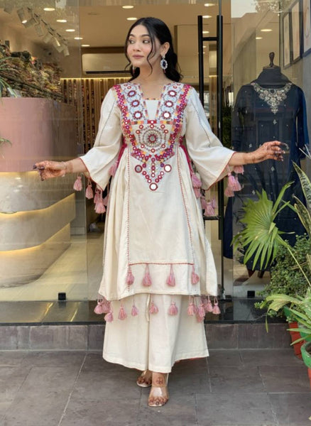Cream Colored Mirror Work Embroidered Farshi Suit with Plazo