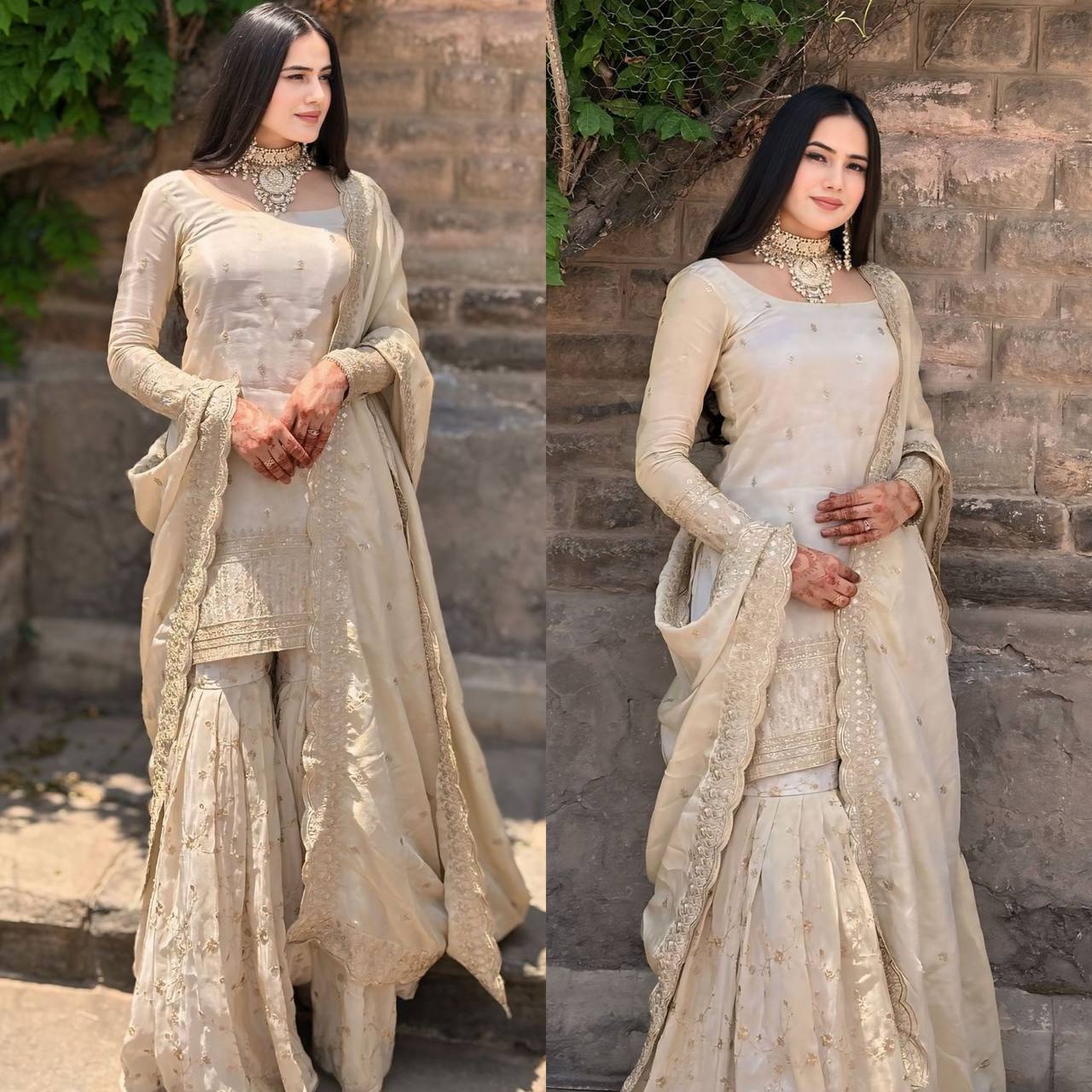 Graceful Ivory Embroidered Sharara Suit with Dupatta – Festive & Wedding Wear