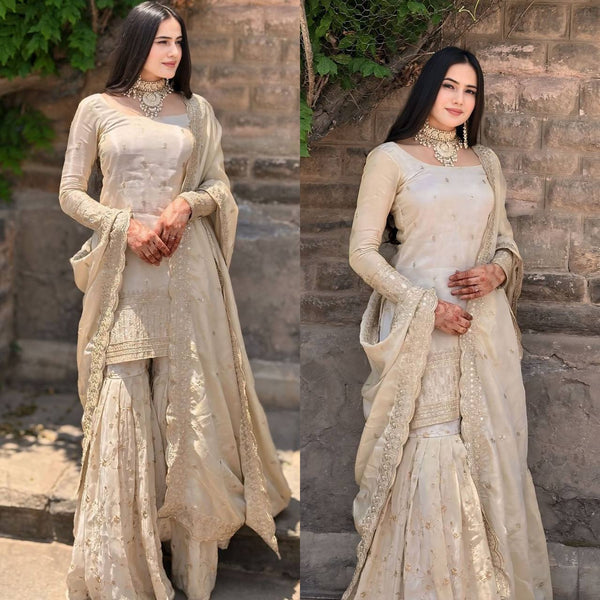 Graceful Ivory Embroidered Sharara Suit with Dupatta – Festive & Wedding Wear