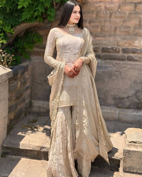 Graceful Ivory Embroidered Sharara Suit with Dupatta – Festive & Wedding Wear