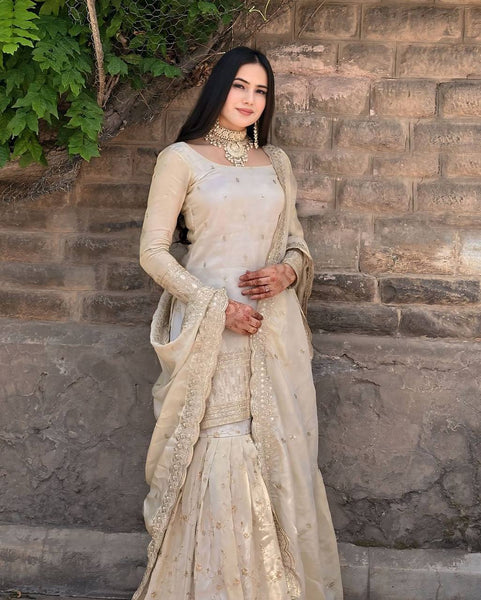 Graceful Ivory Embroidered Sharara Suit with Dupatta – Festive & Wedding Wear