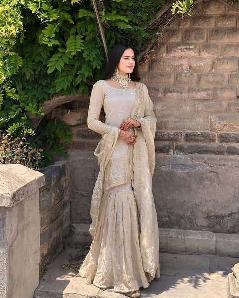 Graceful Ivory Embroidered Sharara Suit with Dupatta – Festive & Wedding Wear