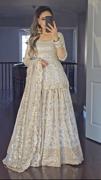 Radiant White Embroidered Silk Sharara Ensemble