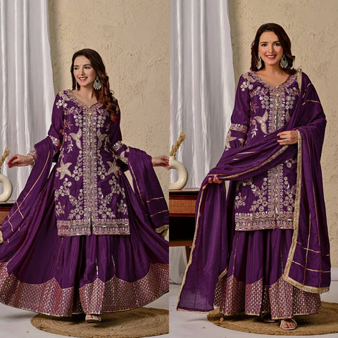 Designer Silk Purple Embroidered Kurta Lehenga Set with Dupatta for Wedding & Festive Wear