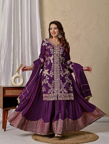 Purple Embroidered Long Top Sharara with Dupatta
