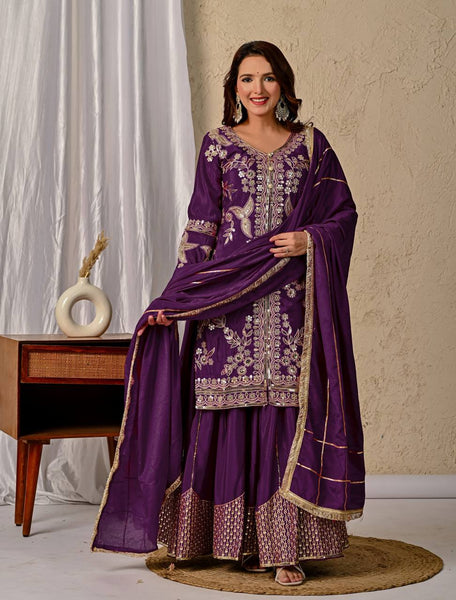Purple Embroidered Long Top Sharara with Dupatta