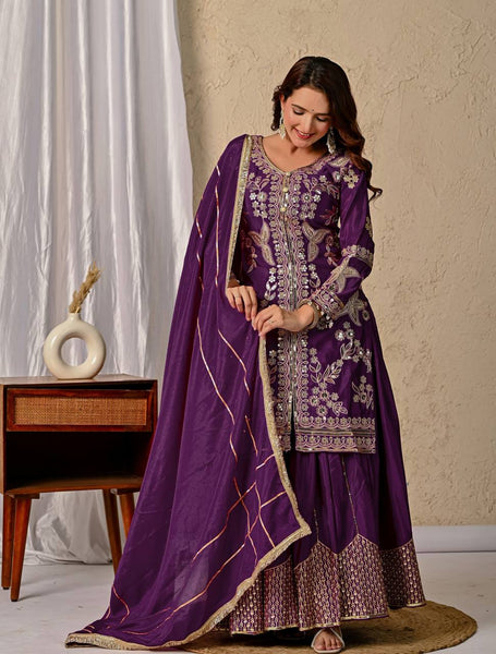 Designer Silk Purple Embroidered Kurta Lehenga Set with Dupatta for Wedding & Festive Wear