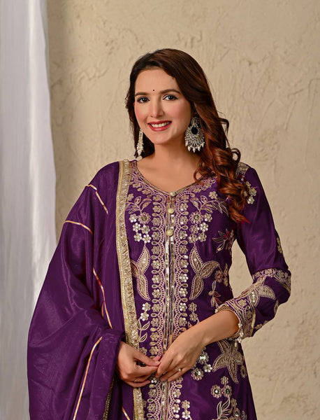 Designer Silk Purple Embroidered Kurta Lehenga Set with Dupatta for Wedding & Festive Wear