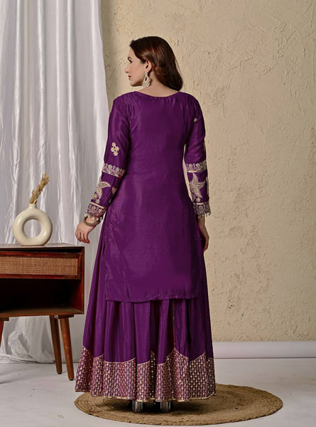 Designer Silk Purple Embroidered Kurta Lehenga Set with Dupatta for Wedding & Festive Wear