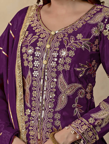 Designer Silk Purple Embroidered Kurta Lehenga Set with Dupatta for Wedding & Festive Wear