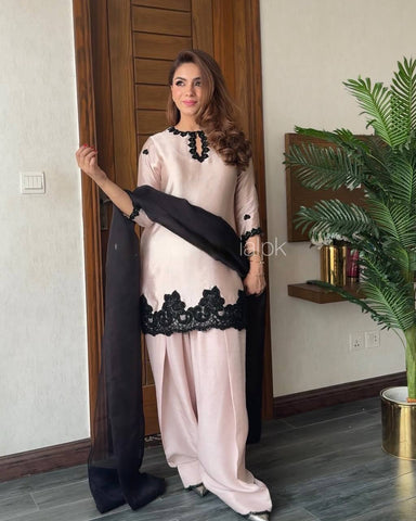Elegant Blush Pink Silk Salwar Suit with Black Embroidered Detailing