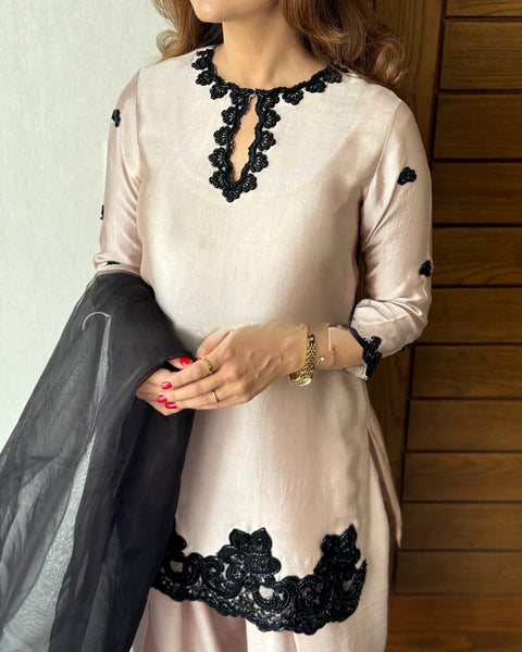 Elegant Blush Pink Silk Salwar Suit with Black Embroidered Detailing