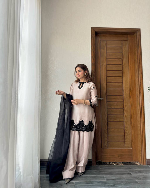 Elegant Blush Pink Silk Salwar Suit with Black Embroidered Detailing
