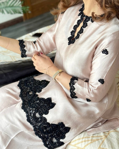 Elegant Blush Pink Silk Salwar Suit with Black Embroidered Detailing
