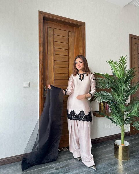 Elegant Blush Pink Silk Salwar Suit with Black Embroidered Detailing