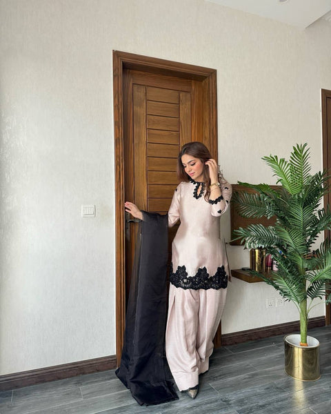 Elegant Blush Pink Silk Salwar Suit with Black Embroidered Detailing