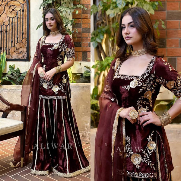 Royal Velvet Embroidered Sharara Suit for Women