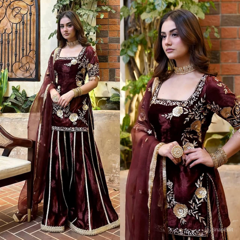 Graceful Maroon Sharara Suit with Golden Floral Patterns