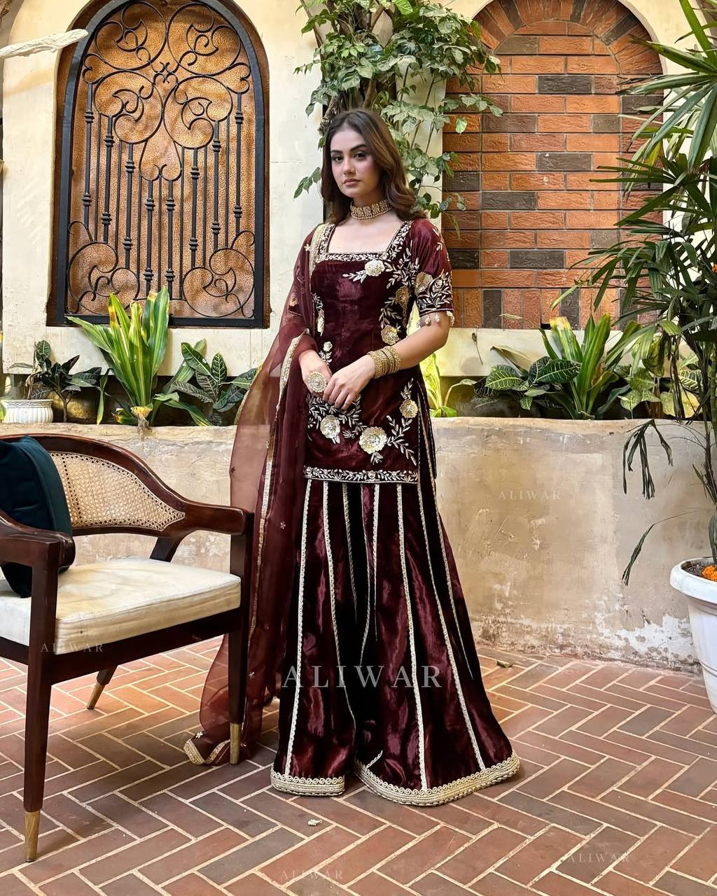 Royal Velvet Embroidered Sharara Suit for Women