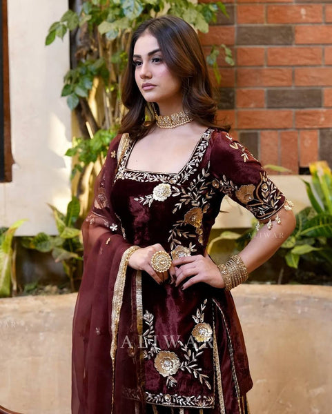 Royal Velvet Embroidered Sharara Suit for Women