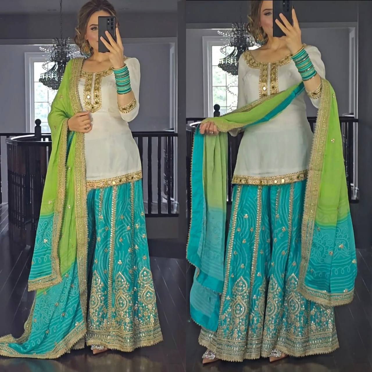 White & Blue Embroidered Kurta with Palazzo and Green Dupatta