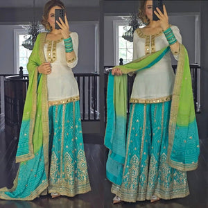 White & Blue Embroidered Kurta with Palazzo and Green Dupatta