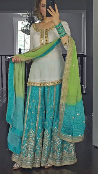 White & Blue Embroidered Kurta with Palazzo and Green Dupatta