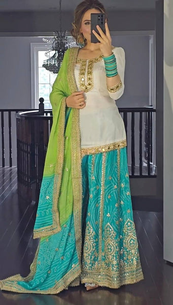 White & Blue Embroidered Kurta with Palazzo and Green Dupatta
