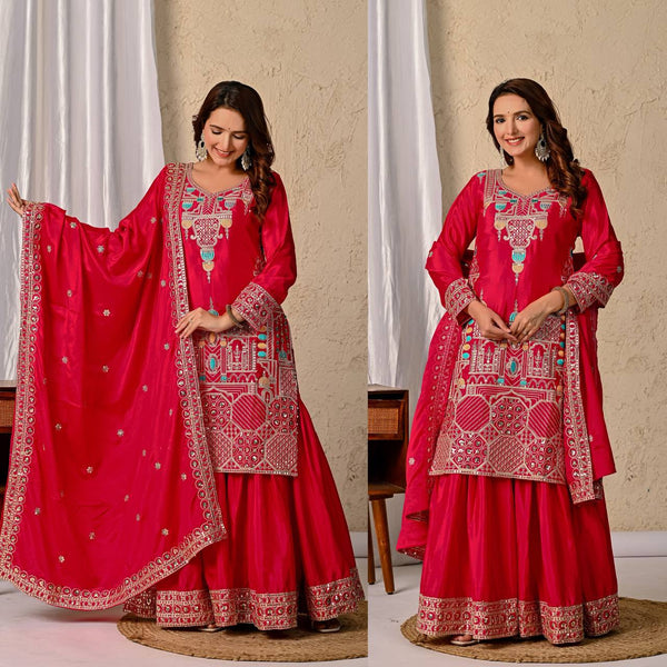 Vibrant Rani Pink Embroidered Sharara Suit with Dupatta
