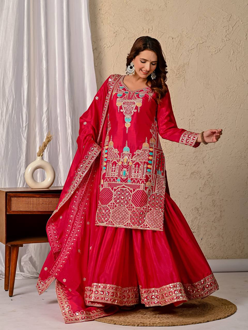 Radiant Pink Elegance: Sharara Suit with Dupatta