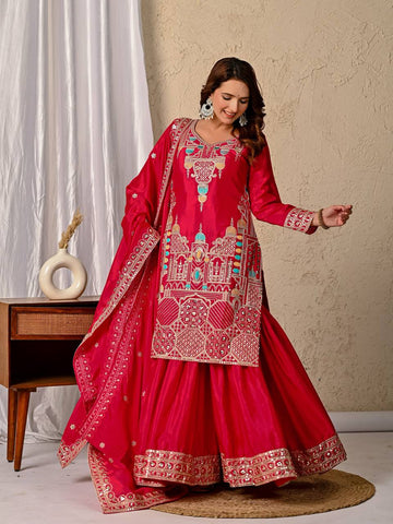 Radiant Pink Elegance: Sharara Suit with Dupatta