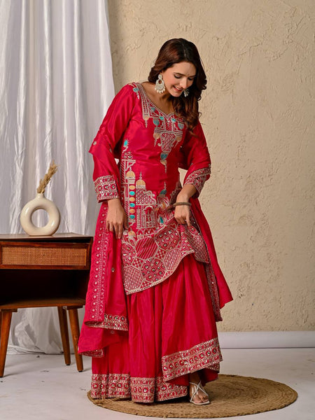 Radiant Pink Elegance: Sharara Suit with Dupatta