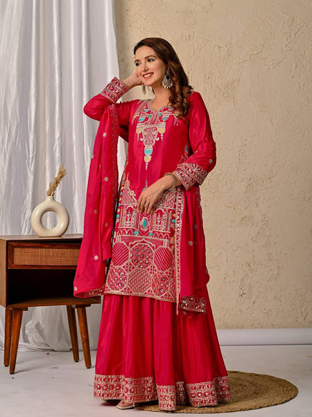 Radiant Pink Elegance: Sharara Suit with Dupatta