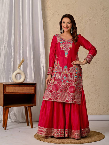 Vibrant Rani Pink Embroidered Sharara Suit with Dupatta