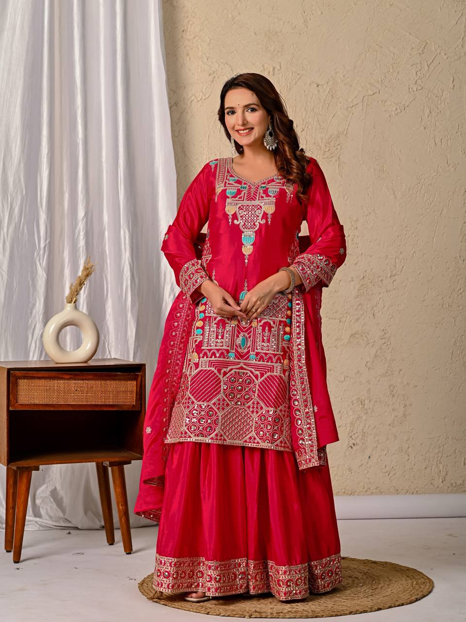 Vibrant Rani Pink Embroidered Sharara Suit with Dupatta