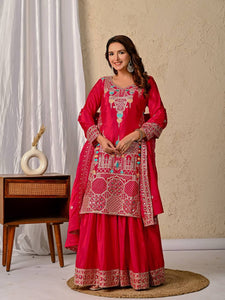 Vibrant Rani Pink Embroidered Sharara Suit with Dupatta