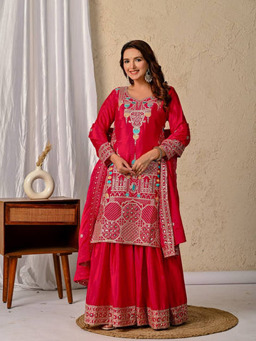 Vibrant Rani Pink Embroidered Sharara Suit with Dupatta
