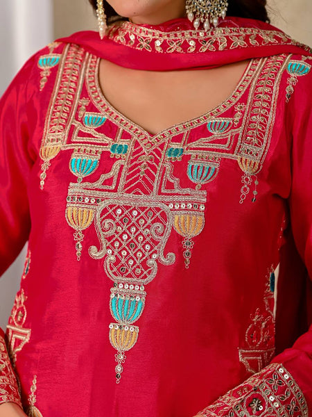 Vibrant Rani Pink Embroidered Sharara Suit with Dupatta