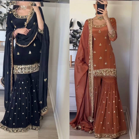 Elegant Silk Embroidered Sharara Suit with Lace-Bordered Dupatta