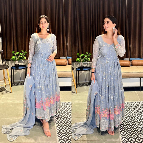 Charming Light Blue Floral Embroidered Anarkali Suit with Dupatta